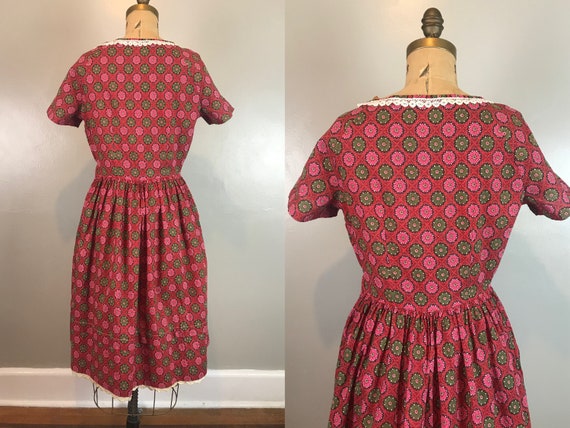 Handmade Square Dance Style Red Print Dress / 50s… - image 2