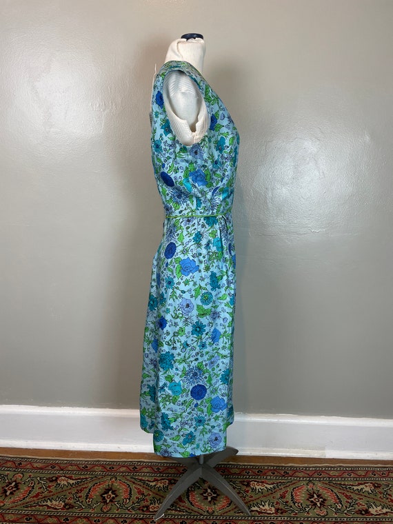 Sleeveless Silk Blue Floral Print Dress / 50's - … - image 5