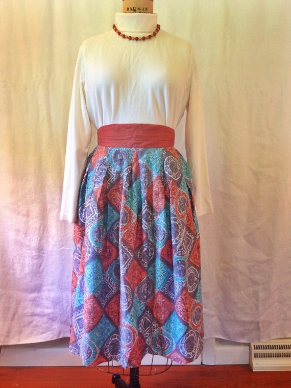 Turquoise & Orange Pleated Skirt / Small - Medium… - image 1