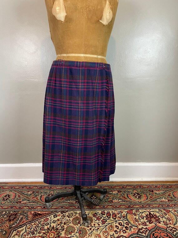 Purple Plaid Wool Wrap Skirt / 90's / medium - la… - image 3