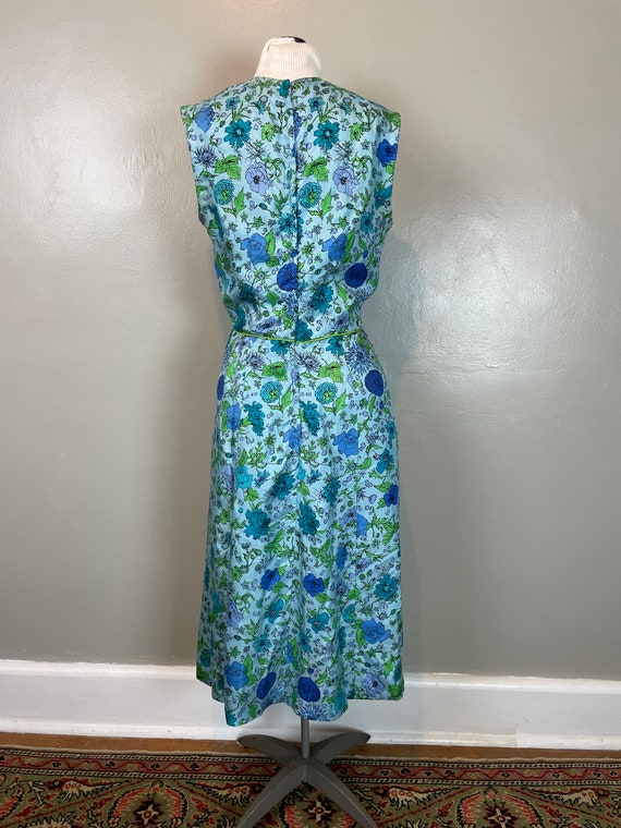 Sleeveless Silk Blue Floral Print Dress / 50's - … - image 3