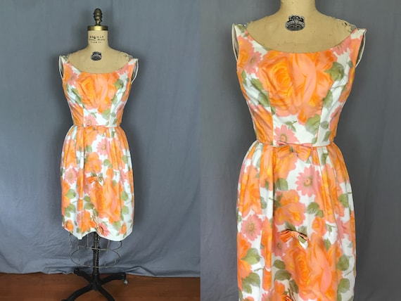 Sleeveless Orange Sorbet Floral Dress with Bows /… - image 1