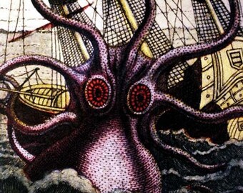 Octopus Print, Vintage Giant Octopus Print, Old time Octopus and Ship, Nautical wall art, Steampunk Giant Octopus print