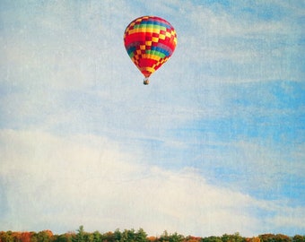 Hot air balloon Photograph, Autumn trees print, fall landscape print, large living room print, rainbow colored balloon