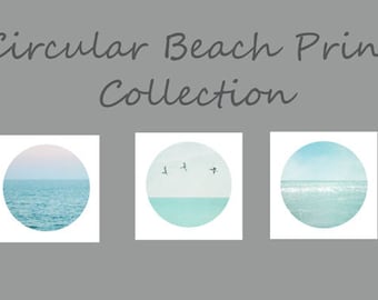 Circular Turquoise Beach Decor, Ocean Art Set of 3 Circular Beach Prints, Pale Turquoise Blue, Sea Green Coastal Decor, Calming Ocean Prints