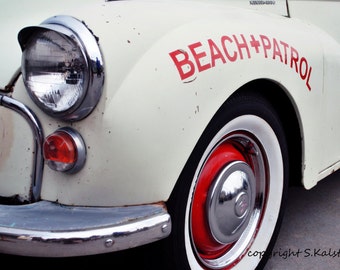 Vintage Car Photography Retro Beach Patrol Car Red White Photograph Classic Car Geekery Wall Art 8x12