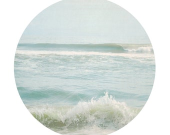 Circular Beach Photograph, Modern Circle Print, Ocean Waves, Calming Sea, Pale Aqua Blue Teal Wall Art 8x8,8x10 Circle print