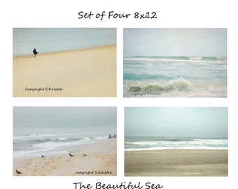 Beach Photography Set - Four 8x12 Photographs - Aqua Blue Photography Calming Ocean Costal Shore Wall Art Beige Blue Teal Decor Beach Set