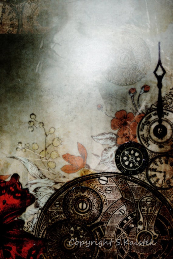 Steampunk Botanica Photograph Vintage Clock Parts Ghostly Figure Sepia Black Red Steampunk Wall Art