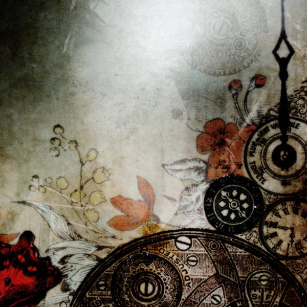 Steampunk Botanica Photograph Vintage Clock Parts Ghostly Figure Sepia Black Red Steampunk Wall Art "Memories Unlocked" 8x12