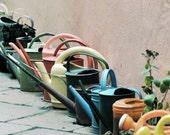 Garden Watering Cans Photograph, Soft Pastel Gardening Print, Yellow blue orange Retro Watering Cans, Cottage Country Wall Decor 8x10 and up