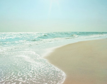 Ocean Photograph, Aqua Teal Sea Green Print, Seaside, Beach, Coastal Shore, Morning Light Seashore 8x8