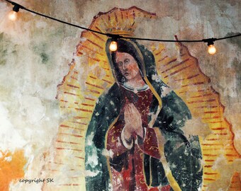 Graffiti Photograph, Mexican Wall Graffiti Print, Religious Graffiti, String of Bulbs and Saint Graffiti, Textured wall and Graffiti  8x10