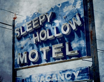 Retro Motel Sign Photograph, Sleepy Hollow Motel Sign, Blue Photography, Funky Vintage Motel Wall Art