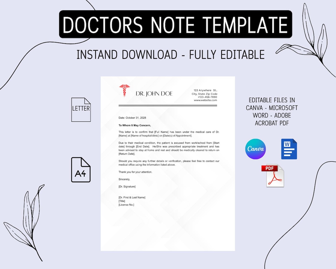 Editable Doctor's Note Template | Instant Download (PDF, Word, Canva ...