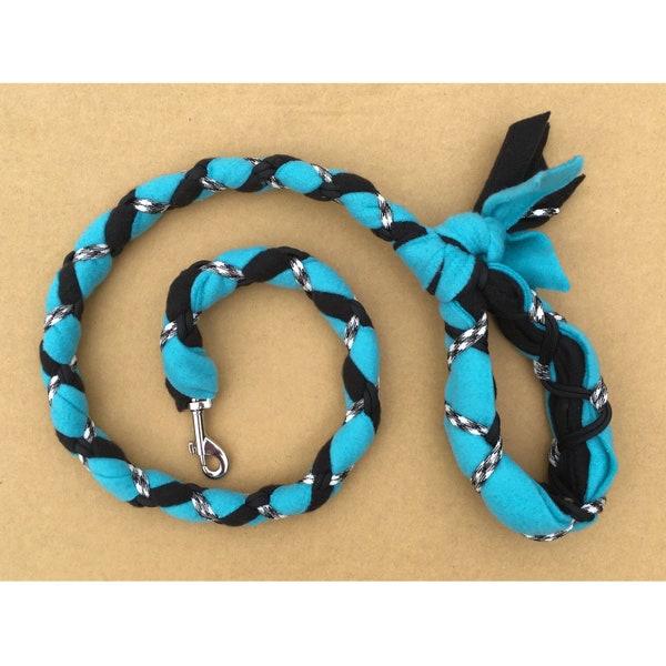 Handmade Dog Tug Leash with Clasp, Fleece and Paracord for Walking, Agility or Flyball Teal over Black with Black/White