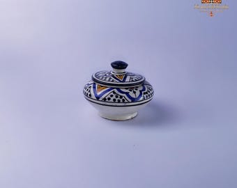 Moroccan Ceramic Trinket Box with Lid, Hand Painted Blue Spice Jar, Boho Jewelry Storage, Small Round Fez Pottery, Housewarming Gift