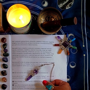 May include: A lit candle in a metal tin, a small brass bowl, and a pendant with a purple crystal are on a dark blue cloth with a celestial design. Various colorful crystals and a printed page are also present.