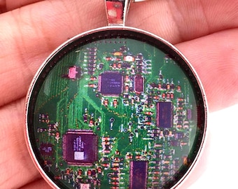 Green Computer Circuit Board Keychain 1.2" Round Glass
