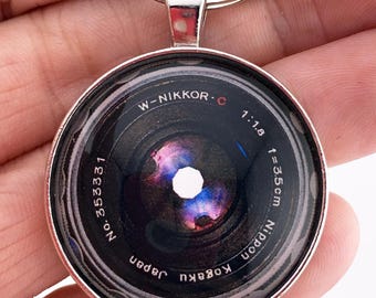 Appareil photo vintage Nikon porte-clés Nikkor objectif porte-clés rond 1,2" verre rond