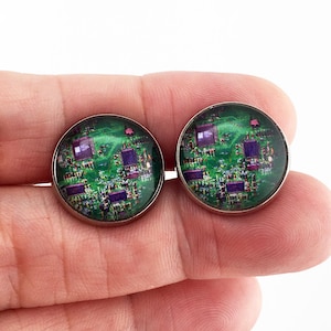 Green Computer Circuit Board Cufflinks 5/8" Glass Set of Cufflinks