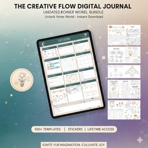 Puede incluir: Un diario digital en una tableta, con una interfaz verde oscuro y blanca, que presenta varias plantillas y un calendario. La imagen incluye el texto "THE CREATIVE FLOW DIGITAL JOURNAL" y "500+ TEMPLATES | STICKERS | LIFETIME ACCESS".