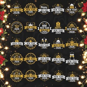 May include: A collection of New Year 2026 badges in gold and white on a black background, with festive poinsettias and string lights. The badges feature various designs with the text "Happy New Year 2026".