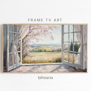 Cornice TV artistica, vista primaverile del frutteto dalla finestra, dipinto di paesaggio con fiori di ciliegio, paesaggio cottagecore, cornice TV Samsung.