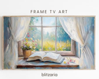 Frame TV Art Cozy Reading Window Scene, Book and Wildflowers Painting, Cottagecore Reading Nook Decor, Samsung Frame TV Art