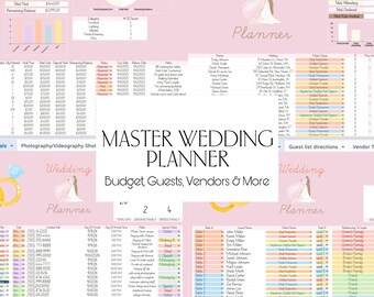 May include: A pink wedding planner spreadsheet with detailed sections for budget, guests, and vendors. The planner includes charts, lists, and the text "Master Wedding Planner".