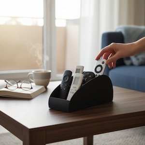 May include: A black remote control organizer on a dark brown wooden table, holding several remotes. A hand reaches for a remote. A cup of coffee, glasses, and a book are also on the table. A blue sofa is in the background.