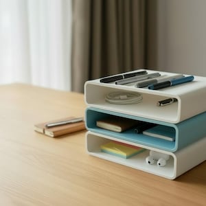 Puede incluir: Un organizador de escritorio de tres niveles en blanco y verde azulado. El estante superior contiene bol&iacute;grafos, un cable de carga y un peque&ntilde;o objeto negro. El estante del medio es verde azulado y el estante inferior es blanco. El organizador est&aacute; sobre una superficie de madera clara.