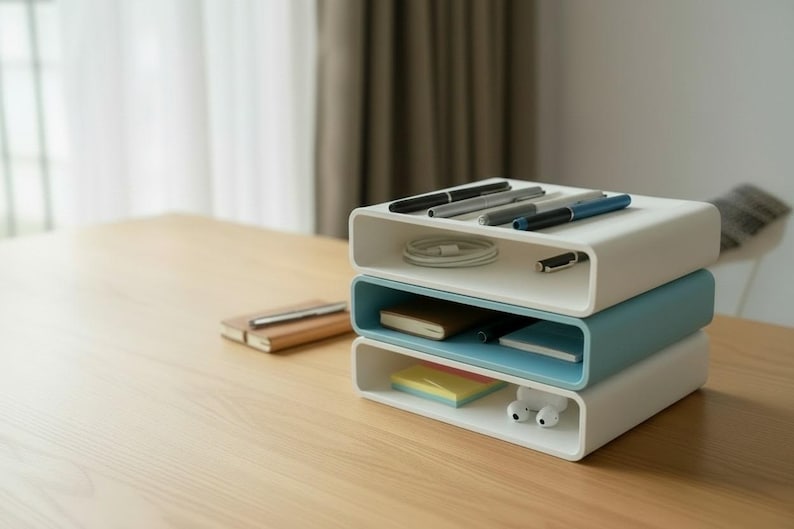 Puede incluir: Un organizador de escritorio de tres niveles en blanco y verde azulado. El estante superior contiene bol&iacute;grafos, un cable de carga y un peque&ntilde;o objeto negro. El estante del medio es verde azulado y el estante inferior es blanco. El organizador est&aacute; sobre una superficie de madera clara.