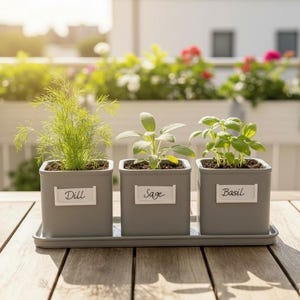 May include: Three small, grey square planters on a tray, each labelled with a white tag. The planters hold dill, sage, and basil plants. The plants sit on a wooden table, with a blurred background of flowers and a sunny sky.