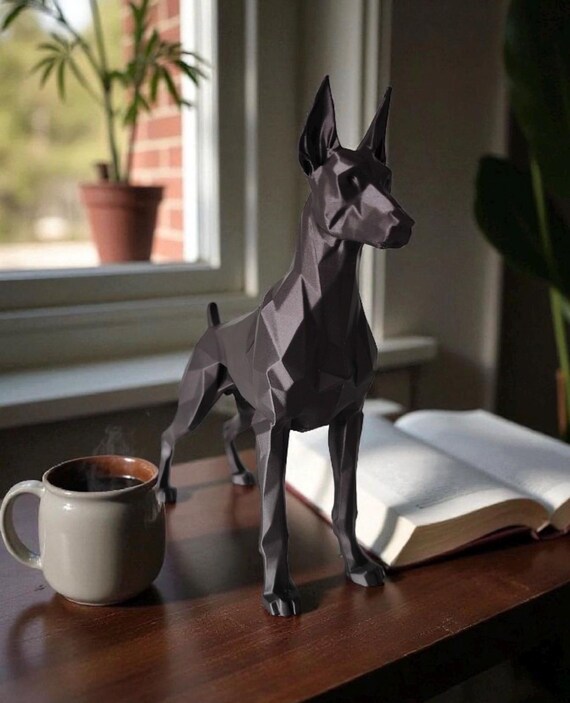 Modern Doberman Sculpture, Low Poly Dog Art