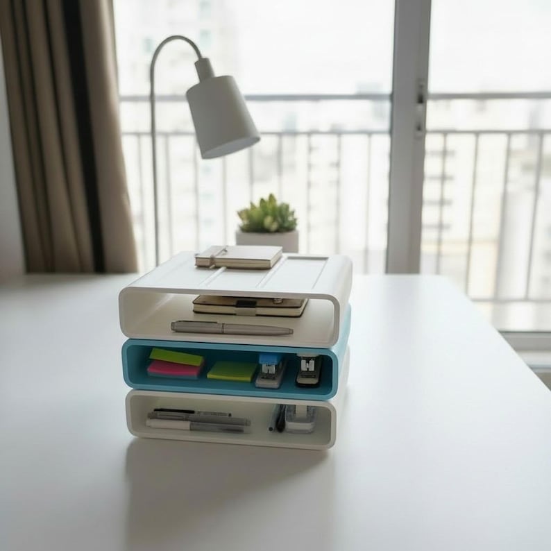Puede incluir: Un organizador de escritorio de tres niveles en blanco y azul claro. El nivel superior contiene un cuaderno, un tel&eacute;fono y un bol&iacute;grafo. El nivel intermedio contiene notas adhesivas y una grapadora. El nivel inferior tiene bol&iacute;grafos y un recipiente peque&ntilde;o.