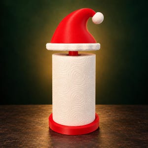 May include: A vertical toilet paper holder featuring a bright red base and a matching red Santa hat topper with a white brim and pom-pom. The holder supports a standard roll of white toilet paper with a visible embossed spiral pattern.