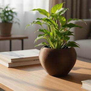 May include: A lush green plant in a brown, textured pot sits on a wooden coffee table. The plant has large, vibrant green leaves. A stack of books is next to the plant. A second plant is in the background.