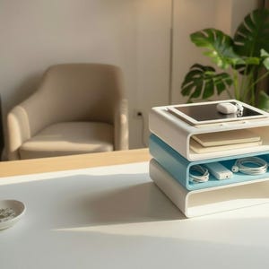 Op de afbeelding: Een bureau-organizer met drie niveaus in wit en lichtblauw. De bovenste laag bevat een tablet en muis, de middelste laag heeft een lichtblauw interieur met kabels en een oplader, en de onderste laag is wit. Een klein wit schaaltje met metalen voorwerpen staat op het bureau.