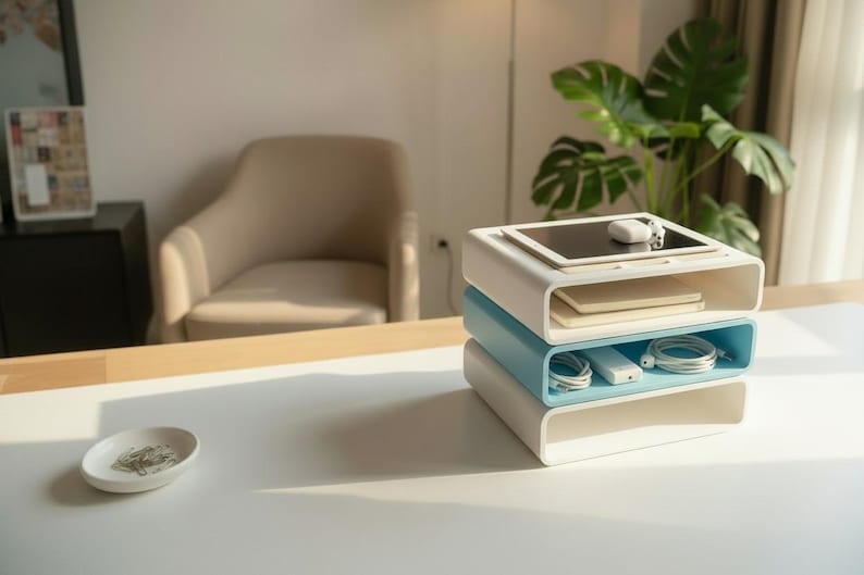 Puede incluir: Un organizador de escritorio de tres niveles en blanco y azul claro. El nivel superior contiene una tableta y un rat&oacute;n, el nivel intermedio tiene un interior azul claro con cables y un cargador, y el nivel inferior es blanco. Un peque&ntilde;o plato blanco con objetos met&aacute;licos est&aacute; en el escritorio.