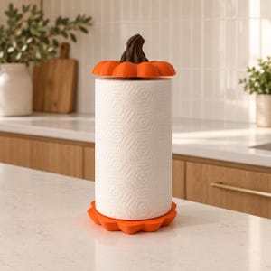May include: A vertical paper towel holder featuring a bright orange pumpkin-shaped base and a matching orange pumpkin lid with a dark brown stem. The holder contains a standard roll of white paper towels with a textured, embossed geometric pattern.