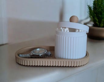 Ribbed Organizer Set | Modern Tray and Lidded Jar, Bathroom Vanity Decor