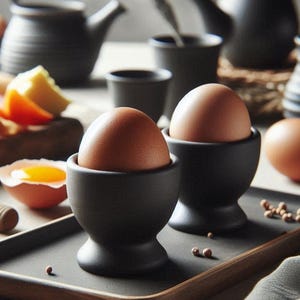 May include: Two brown eggs in black ceramic egg cups on a tray with a wooden rim. The tray also holds a broken egg, cheese, and a small teapot. The scene suggests a breakfast setting.