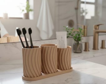 Modern Toothbrush Holder Set | Minimalist Bathroom Organizer, 3 Cup Tray