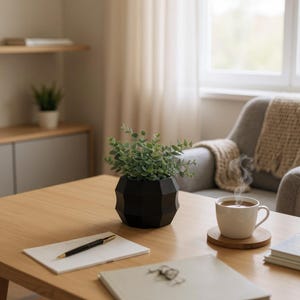 Puede incluir: Una maceta geométrica negra llena de plantas verdes frondosas se encuentra sobre una mesa de centro de madera clara. Una taza blanca de café humeante, un bloc de notas, un bolígrafo y libros también están sobre la mesa. Ambiente de salón acogedor.