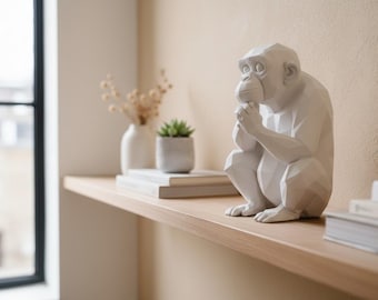 Low Poly Chimpanzee Sculpture | Sitting Monkey Statue, Fuzzy Skin Texture