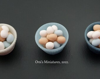 Dollhouse miniature free range eggs in pale blue bowl in 1 inch scale