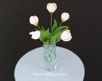 Dollhouse miniature white tulips in an abstract blue-transparent vase in 1:12 scale