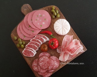 Dollhouse miniature Rustic Italian salami and prosciutto  board with tomatoes, pepperoni paprika and olives and in 1 inch scale