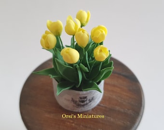 Dollhouse miniature Yellow tulips in grey round planter in 1 inch scale by IGMA Fellow